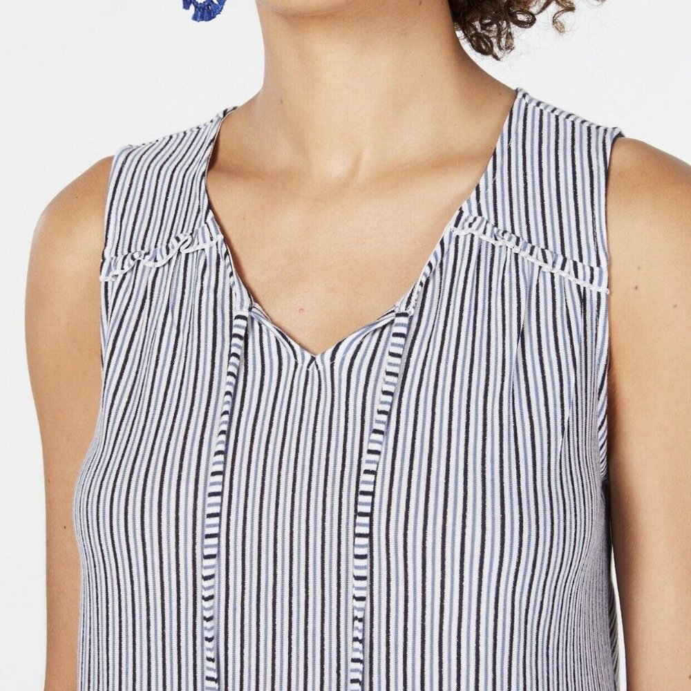 Style & Co. White and Navy Striped Sleeveless Tie-Front Blouse - Picture 3 of 3